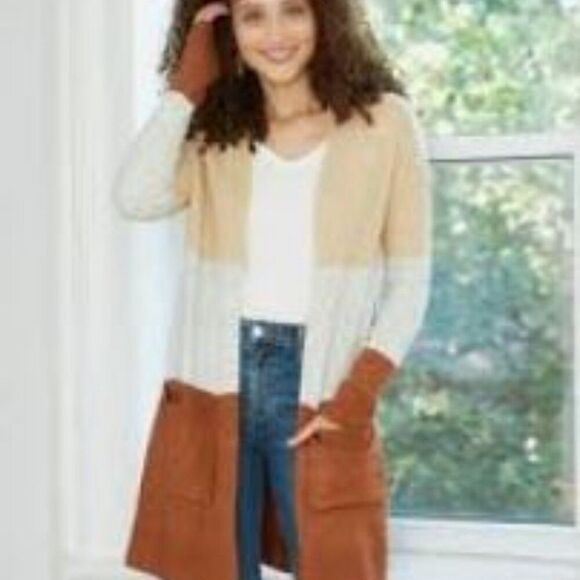 A NEW DAY Size Small Colorblock Tan Gray Rust Cardigan Duster Sweater Pockets - Picture 1 of 6